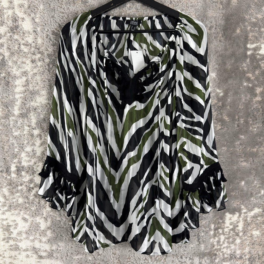 New Dennis by Dennis Basso Size 6 Zebra Metallic Blouse Green Women 3/4 Sleeve
